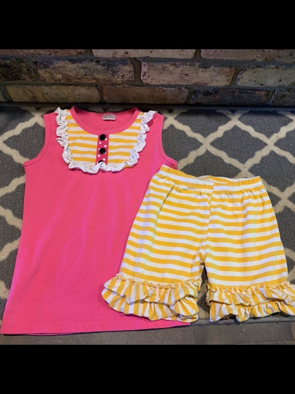 Girls boutique Pink Ruffle Tank with Yellow & White Striped Ruffle Shorts
